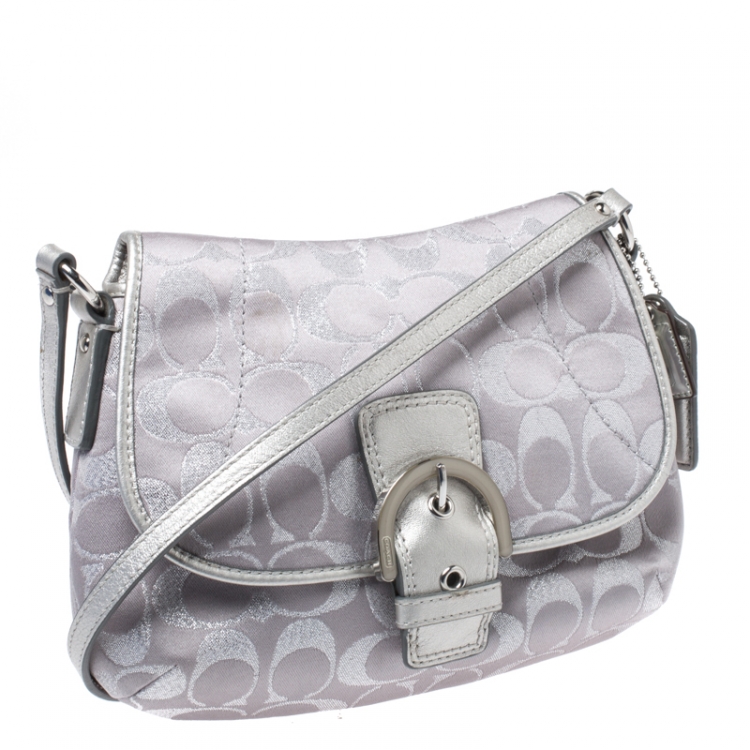 Pre Owned Coach Silver Canvas and Leather Buckle Crossbody Bag