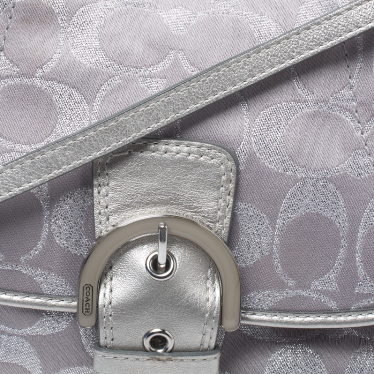 Pre Owned Coach Silver Canvas and Leather Buckle Crossbody Bag