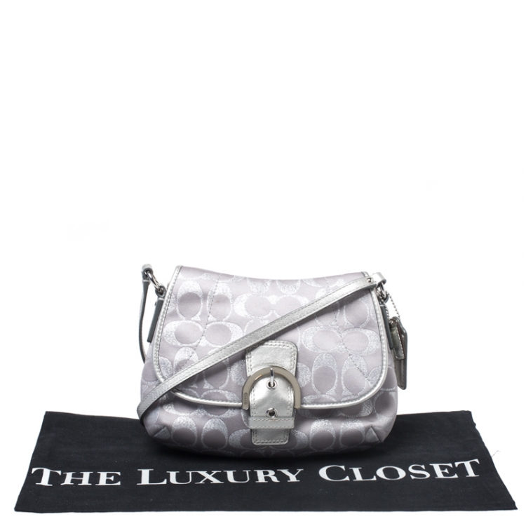 Pre Owned Coach Silver Canvas and Leather Buckle Crossbody Bag