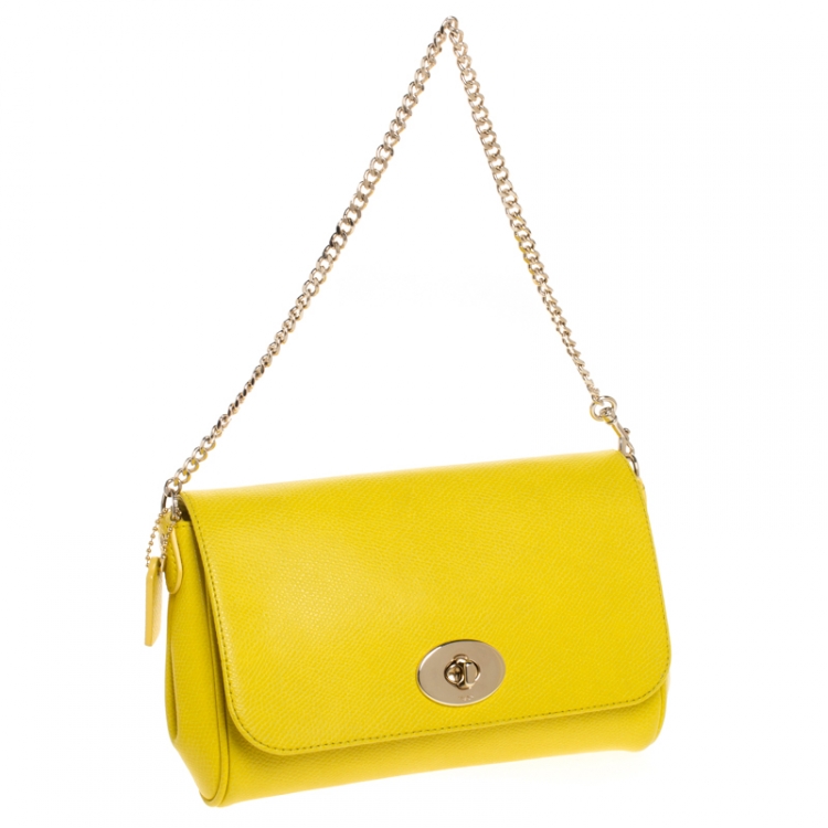 Pre Owned Coach Yellow Leather Flap Crossbody Bag
