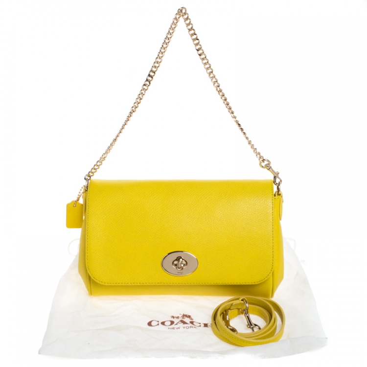 Pre Owned Coach Yellow Leather Flap Crossbody Bag
