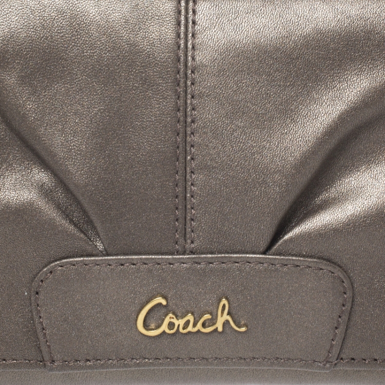 Pre Owned Coach Metallic Pale Green Leather Ashley Flap Wristlet Clutch