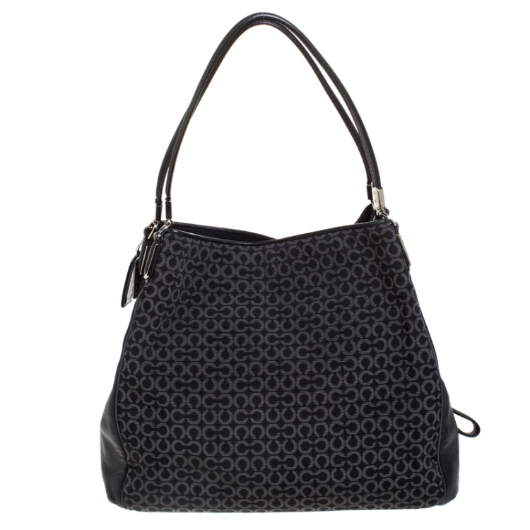 Pre Owned Coach Black OP Art Fabric and Leather Madisson Needlepoint Hobo