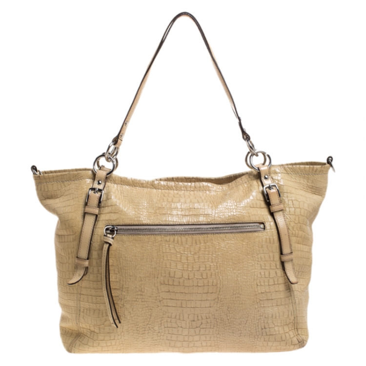 Pre Owned Coach Light Yellow Crocodile Effect Leather Buckle Shopper Tote