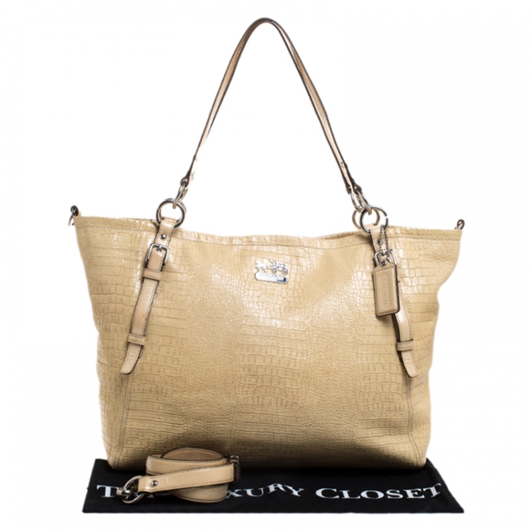 Pre Owned Coach Light Yellow Crocodile Effect Leather Buckle Shopper Tote