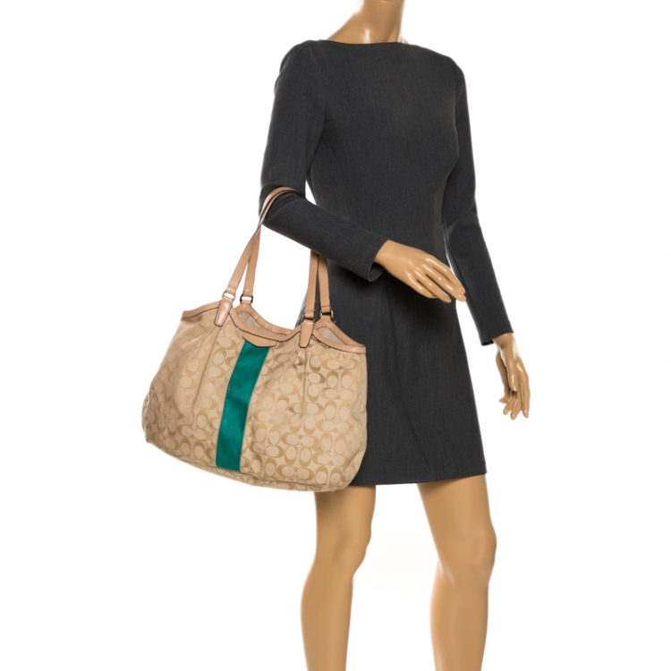 Pre Owned Coach Beige/Green Signature Canvas and Leather Devin Stripe Shoulder Bag