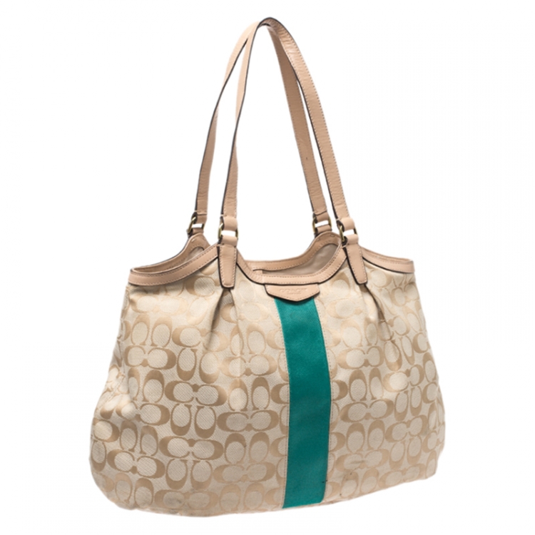 Pre Owned Coach Beige/Green Signature Canvas and Leather Devin Stripe Shoulder Bag