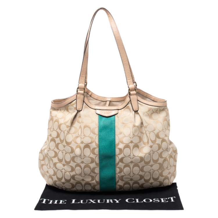 Pre Owned Coach Beige/Green Signature Canvas and Leather Devin Stripe Shoulder Bag