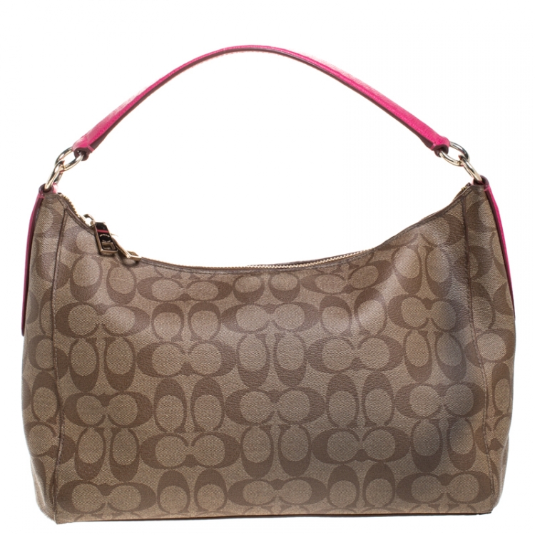 Pre Owned Coach Dark Beige/Magenta Signature Coated Canvas Zip Hobo