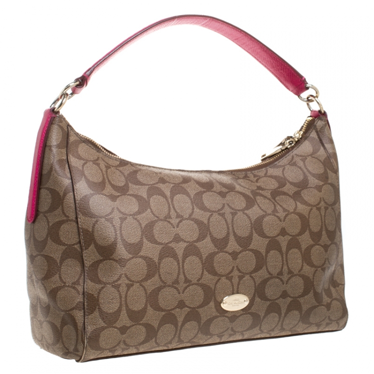 Pre Owned Coach Dark Beige/Magenta Signature Coated Canvas Zip Hobo