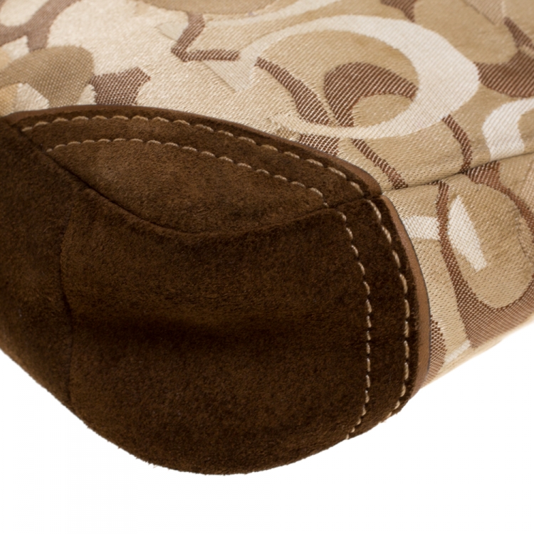 Pre Owned Coach Beige/Brown Signature Canvas/Suede and Leather Baguette