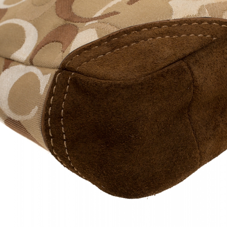 Pre Owned Coach Beige/Brown Signature Canvas/Suede and Leather Baguette
