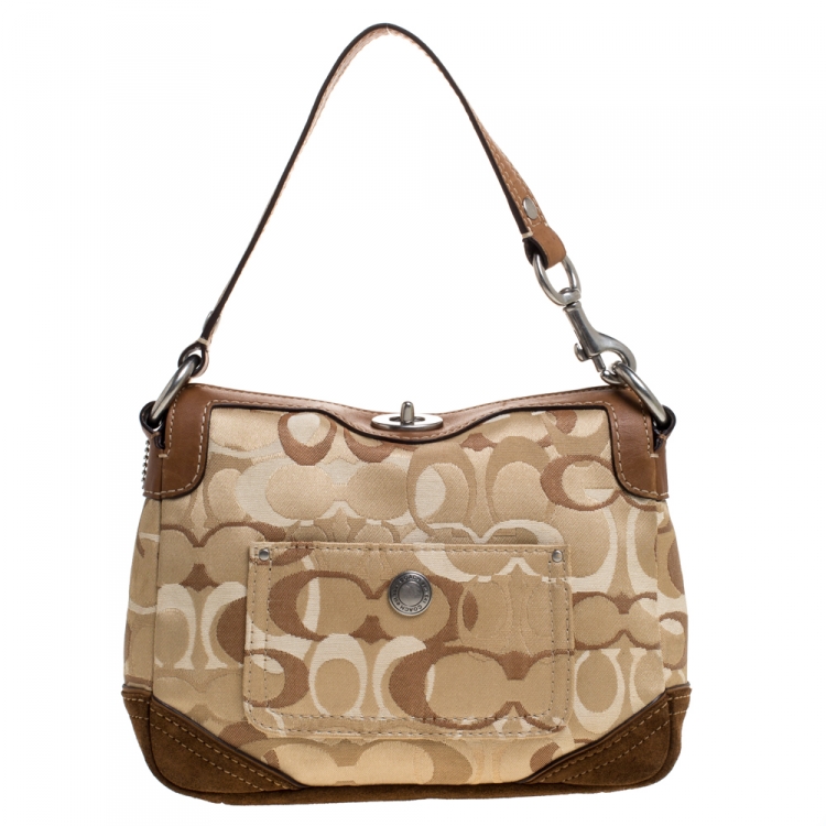 Pre Owned Coach Beige/Brown Signature Canvas/Suede and Leather Baguette