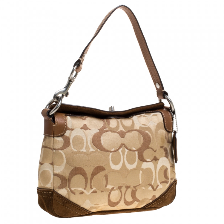 Pre Owned Coach Beige/Brown Signature Canvas/Suede and Leather Baguette