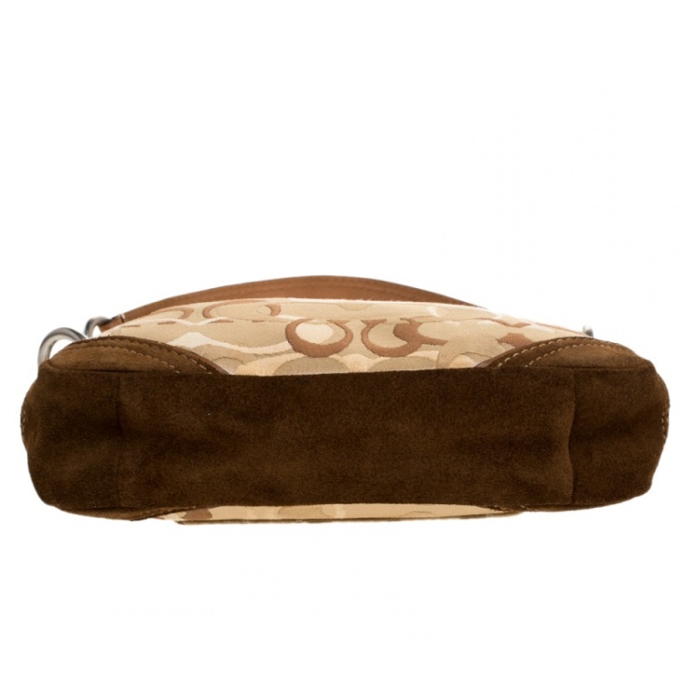 Pre Owned Coach Beige/Brown Signature Canvas/Suede and Leather Baguette