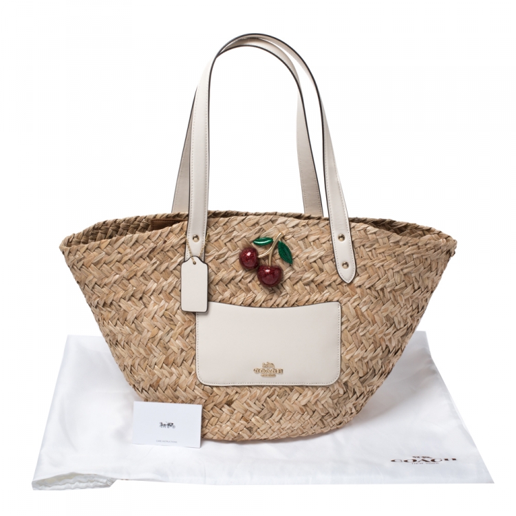 Pre Owned Coach Beige/Cream Straw and Leather Cherry Charm Tote