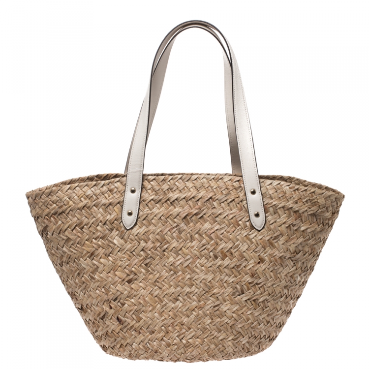 Pre Owned Coach Beige/Cream Straw and Leather Cherry Charm Tote