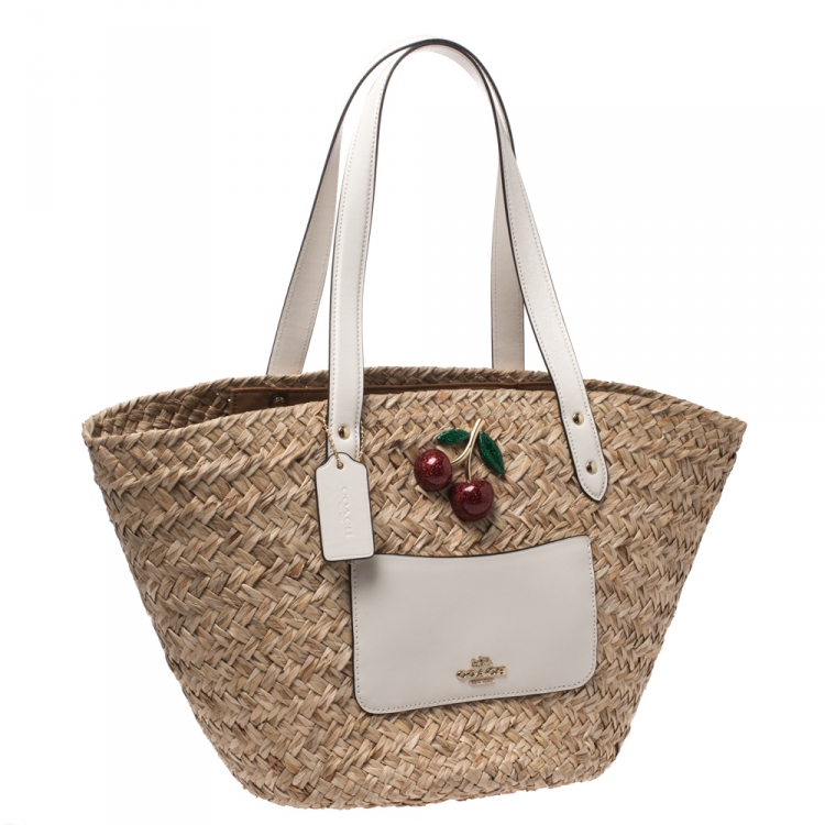 Pre Owned Coach Beige/Cream Straw and Leather Cherry Charm Tote