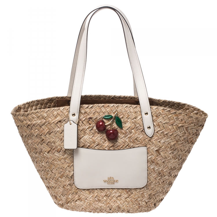 Coach Beige/Cream Straw and Leather Cherry Charm Tote Coach | TLC