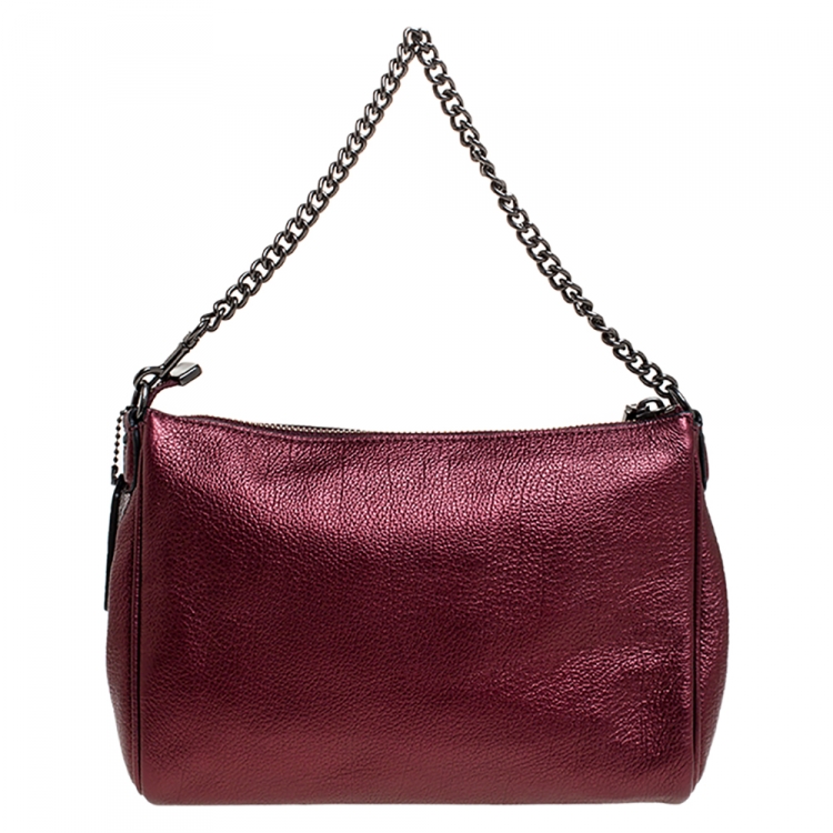 Pre Owned Coach Metallic Burgundy Leather Carrie Crossbody Bag