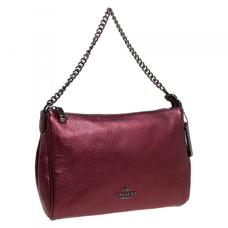 Pre Owned Coach Metallic Burgundy Leather Carrie Crossbody Bag