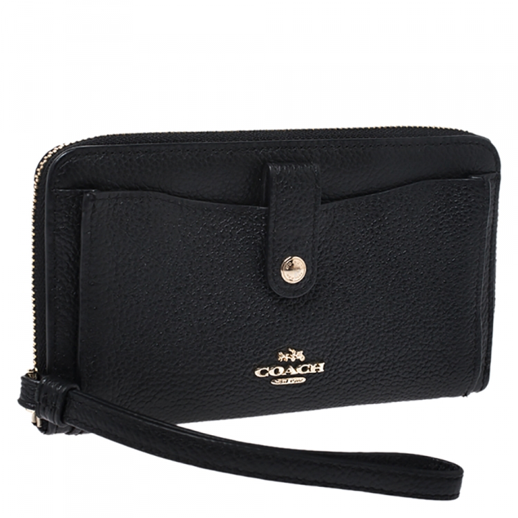 Pre Owned Coach Black Leather Zip Around Wallet