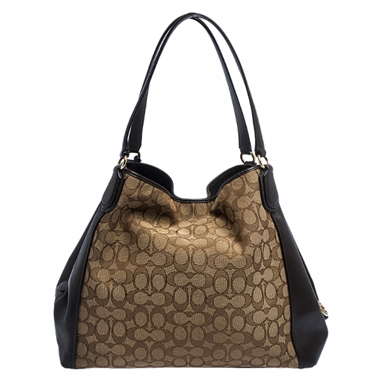 Pre Owned Coach Beige and Brown Signature Canvas and Leather Edie Tote