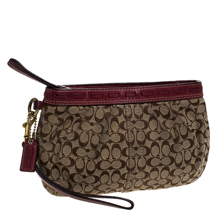 Pre Owned Coach Brown/Burgundy Monogram Canvas Wristlet Pouch