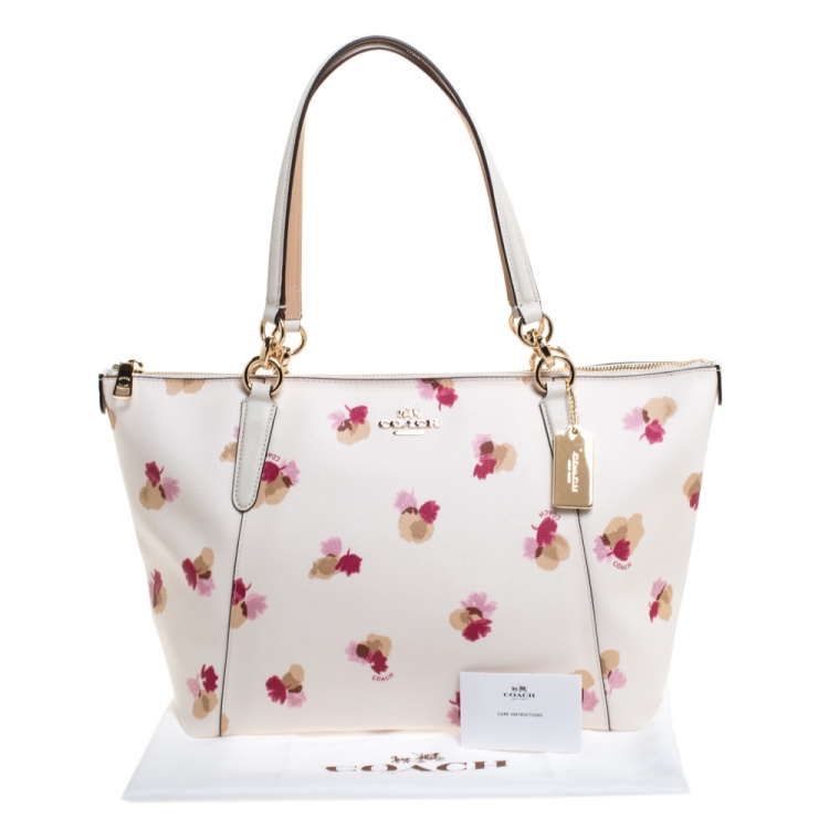 Pre Owned Coach White Printed Coated Canvas Ava Top-Zip Tote