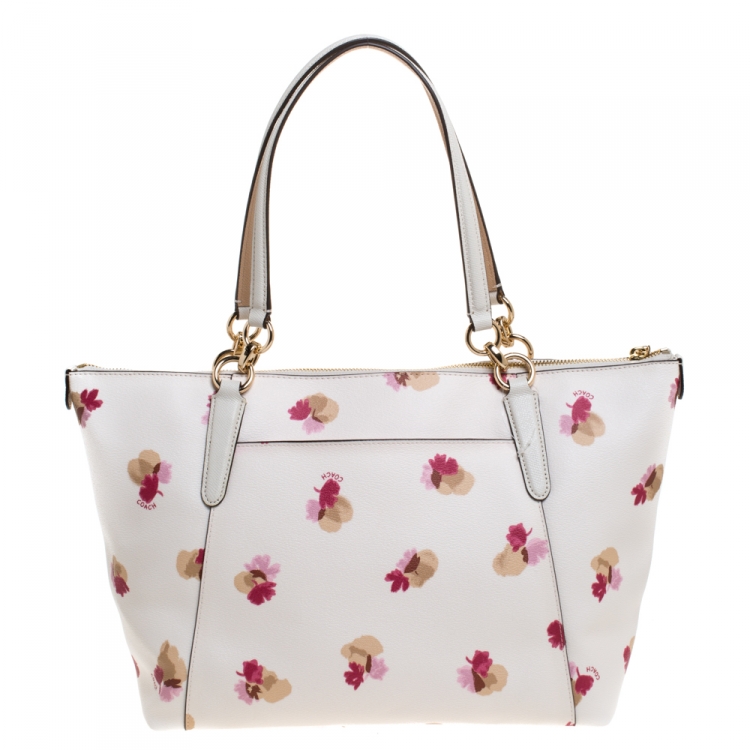 Pre Owned Coach White Printed Coated Canvas Ava Top-Zip Tote