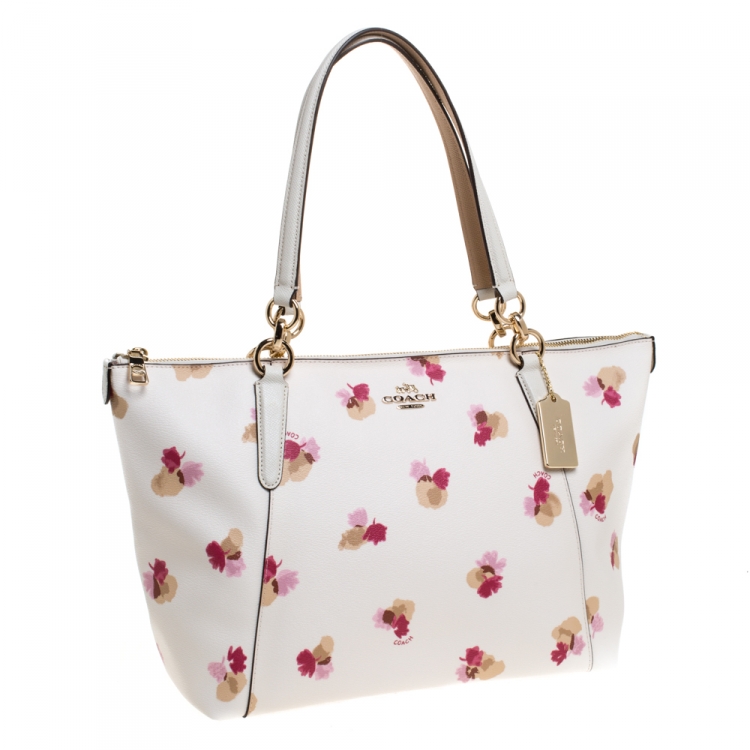Pre Owned Coach White Printed Coated Canvas Ava Top-Zip Tote