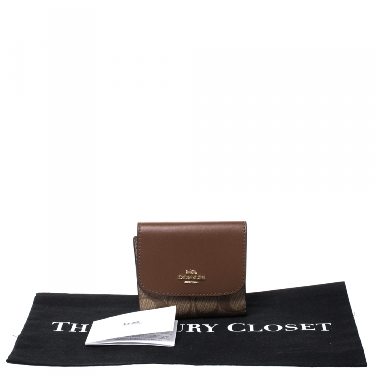 Pre Owned Coach Brown Leather and Coated Canvas Signature Compact  Wallet