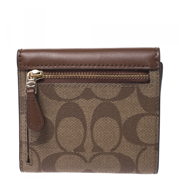 Pre Owned Coach Brown Leather and Coated Canvas Signature Compact  Wallet