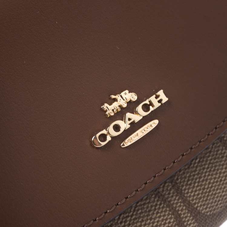 Pre Owned Coach Brown Leather and Coated Canvas Signature Compact  Wallet