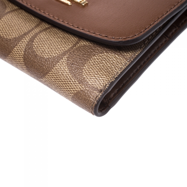 Pre Owned Coach Brown Leather and Coated Canvas Signature Compact  Wallet
