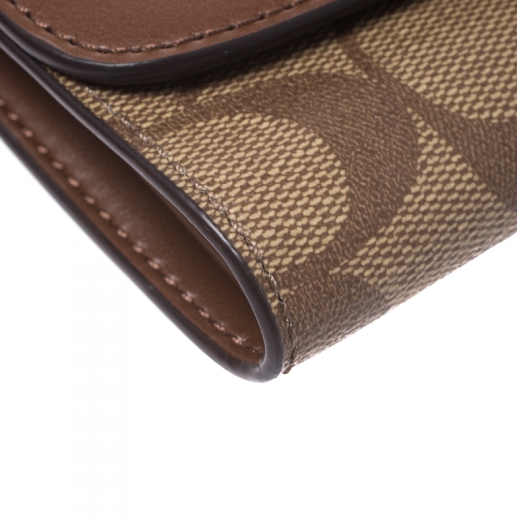 Pre Owned Coach Brown Leather and Coated Canvas Signature Compact  Wallet