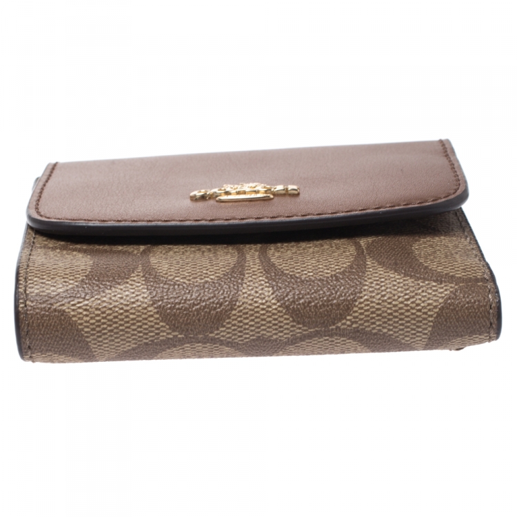 Pre Owned Coach Brown Leather and Coated Canvas Signature Compact  Wallet