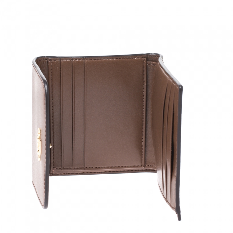 Pre Owned Coach Brown Leather and Coated Canvas Signature Compact  Wallet