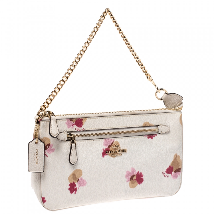 Pre Owned Coach White Floral Print Coated Canvas Pochette Bag