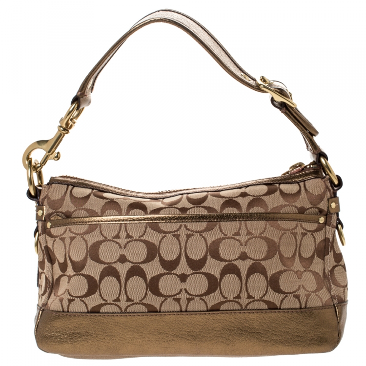 Pre Owned Coach Beige Signature Canvas and Leather Double Pocket Shoulder Bag