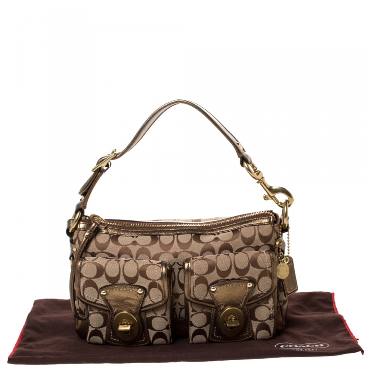 Pre Owned Coach Beige Signature Canvas and Leather Double Pocket Shoulder Bag