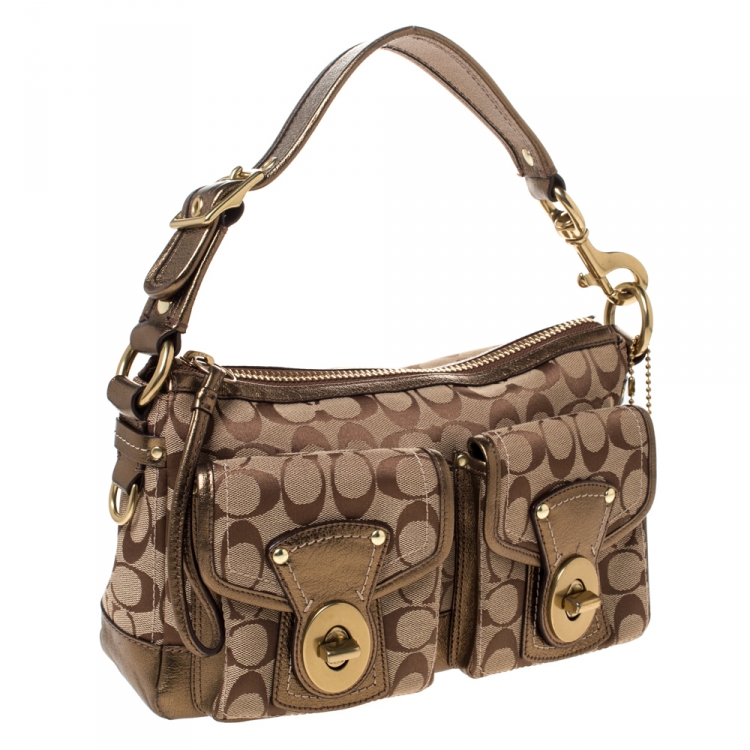 Pre Owned Coach Beige Signature Canvas and Leather Double Pocket Shoulder Bag