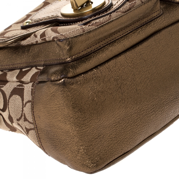 Pre Owned Coach Beige Signature Canvas and Leather Double Pocket Shoulder Bag