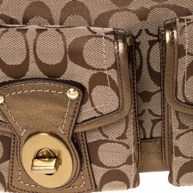 Pre Owned Coach Beige Signature Canvas and Leather Double Pocket Shoulder Bag
