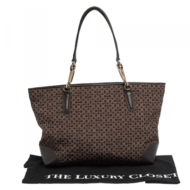 Pre Owned Coach Brown Signature Canvas and Leather Needlepoint Shopper Tote