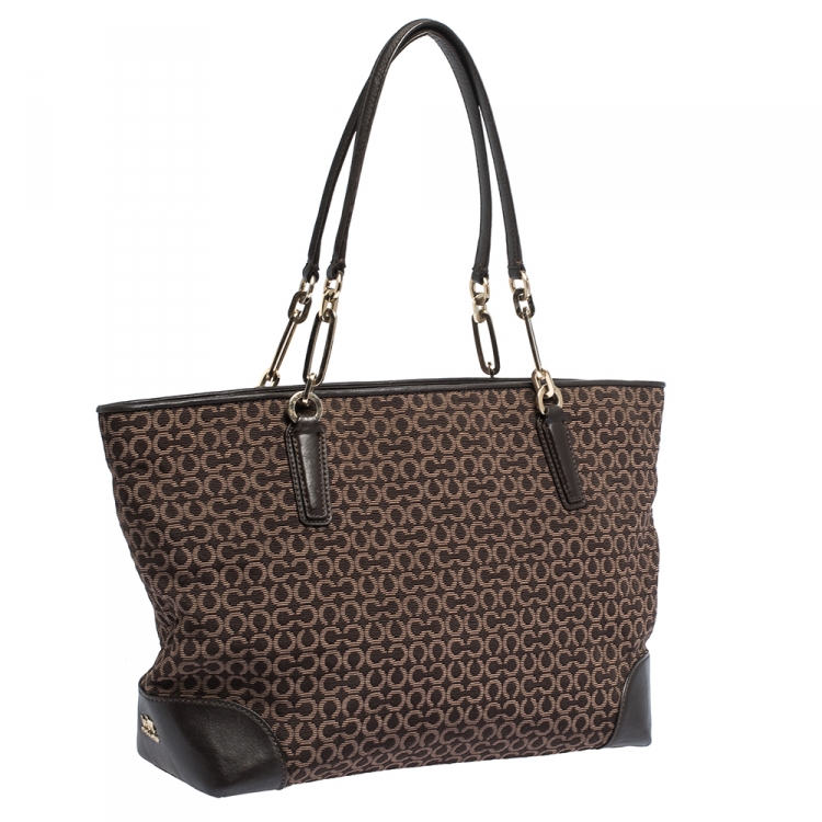 Pre Owned Coach Brown Signature Canvas and Leather Needlepoint Shopper Tote