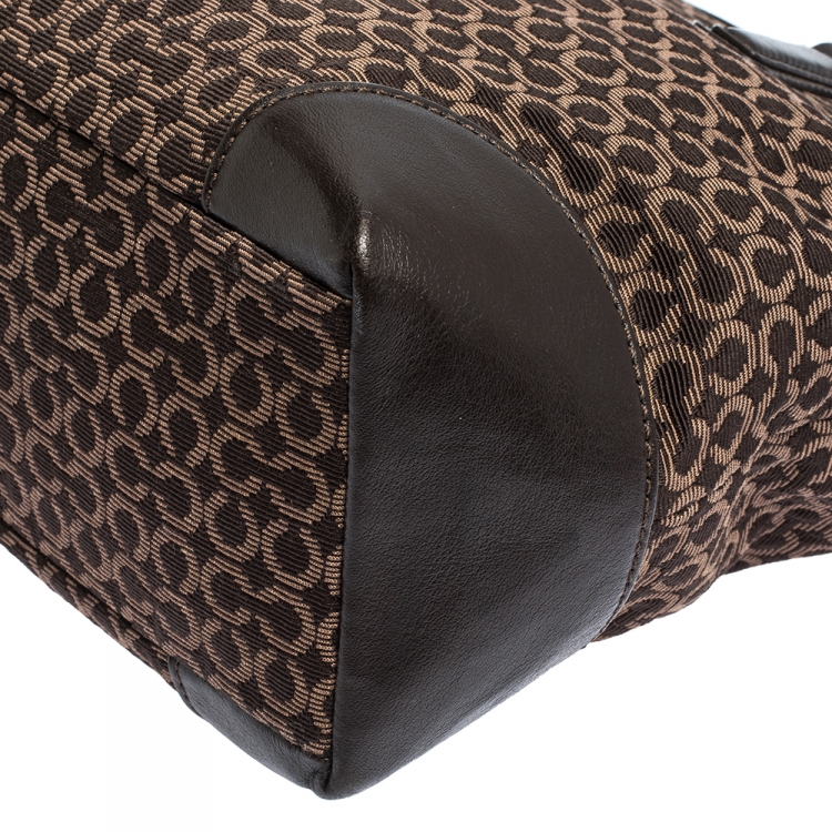 Pre Owned Coach Brown Signature Canvas and Leather Needlepoint Shopper Tote