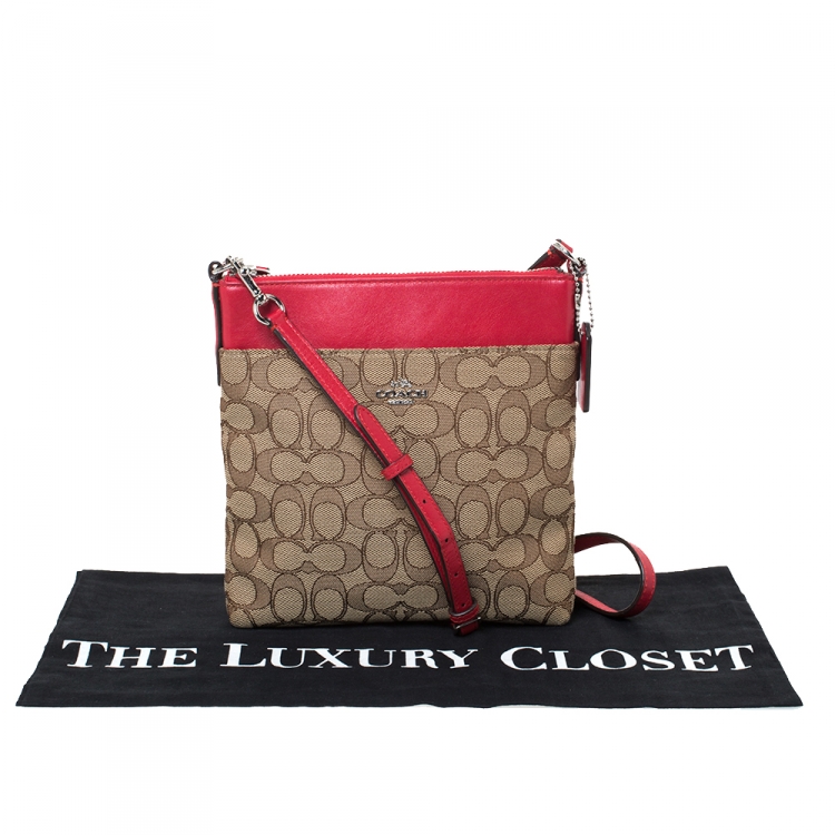 مملوكة مسبقًا  Coach Brown/Red Signature Canvas and Leather Courie Crossbody Bag
