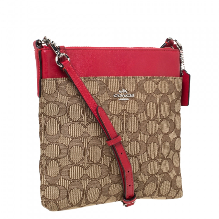 مملوكة مسبقًا  Coach Brown/Red Signature Canvas and Leather Courie Crossbody Bag