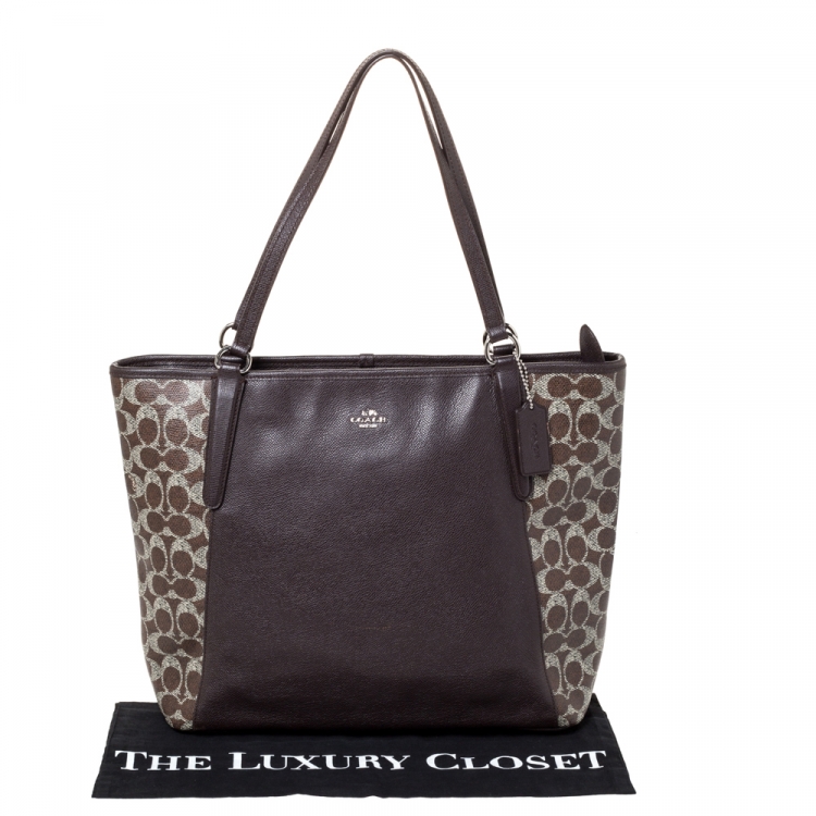 Pre Owned Coach Brown Signature Coated Canvas Top Zip Tote